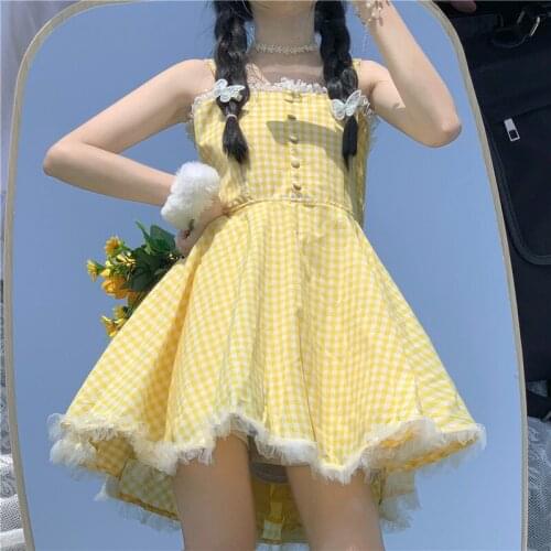 2021 Japanese Summer Women Lolita Mini Dress Suspenders Yellow Plaid Backless Bow Sundress Cute Kawaii Lace Ruffles Party Dress