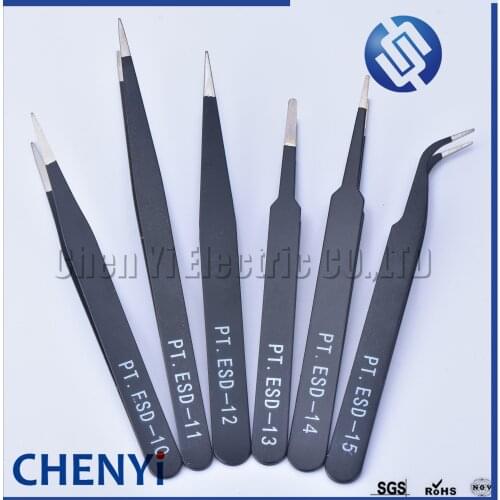 1/6 PCS Anti-static ESD Stainless Steel Tweezers Maintenance Tools Industrial Precision Curved Straight Tweezers Repair Tools