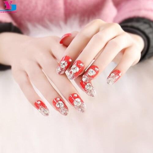 24pcs/set Red Shine Rhinestones False Fake Nails Pre Design Luxury Acrilico Sex Products Unha Postizas Glitter Art Tips Manicure