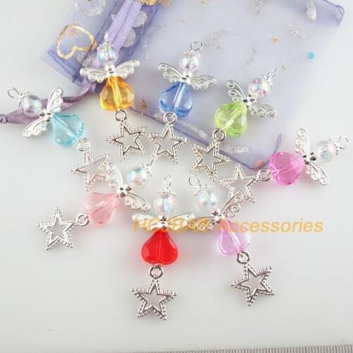 8 New Angel Charms Silver Plated Mixed Acrylic Heart Star Pendants 21.5x48mm
