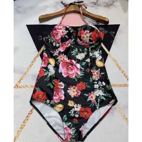 Women designer Summer Vacation Beach floral Print Bodysuits Sexy backless halter Skinny Rompers swimsuit one-piece suit y519