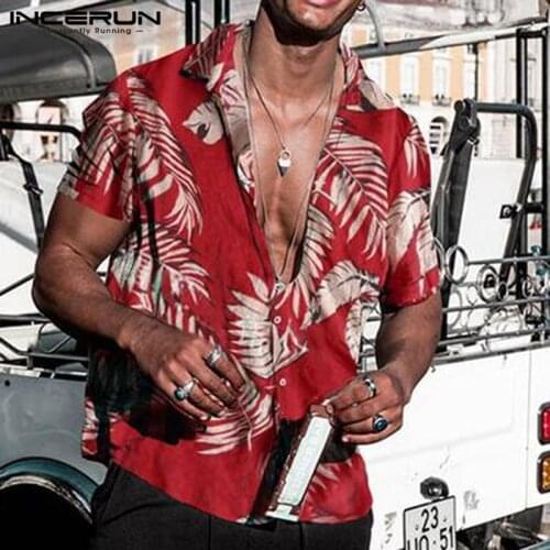 Summer Hawaiian Red Shirts Tropical Shirts Floral Men Tops Casual Shirt Short Sleeve Cotton Button Chemise Loose Vacation Beach