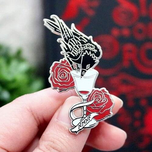 Gothic Six Crows Red Rose Flower Enamel Brooch Pin Hat Bag Collar Lapel Pins Badges Women Mens Fashion Jewelry Accessories