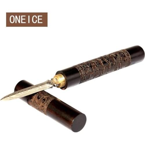 Carved Ebony Pu'er Tea Knife Brush Damascus Pattern Steel Black Pen For Ceremony Spare Parts Chinese Gong Tea Accessories