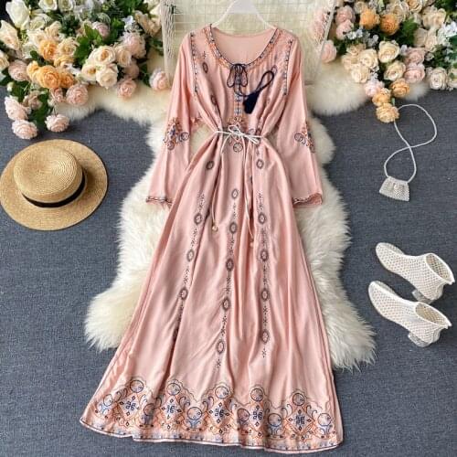Jastie Bohemian National Style Long Dresses 2021 Women Autumn Embroidery Flower Round Neck Holiday Beach Dress Female Vestidos