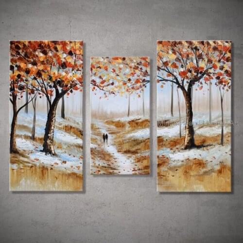Unframe Large Handmade Handpainting Oil painting Canvas Lovers Walking Woods Autumn Landscape Combination Art Wall Picture Decor