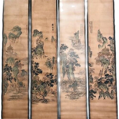 China Old Scroll Painting Four Screen Paintings Middle Hall Hanging Painting Landscape Painting Lou Guan Tu