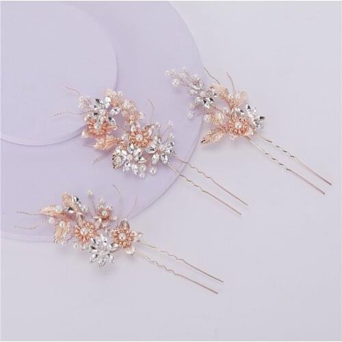 Delicate Rose Gold Floral Wedding Hair Clips Pins Bridal Leaf Headpiece Boddy Pins Handmade Crystal Women Hair Accessories