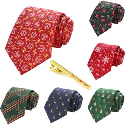 KAMBERFT 100% Print Silk Christmas Tie & Tie clips Fashion 8cm Necktie Snow Santa Design For Men and kids Christmas Gift