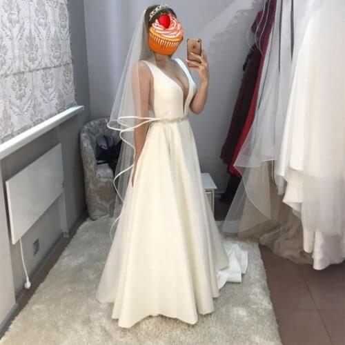 Wedding Dress 2021 V-Neck Satin Backless Sleeveless White With Crystal Sash Belt Floor Length Robe De Mariee Charming Elegant