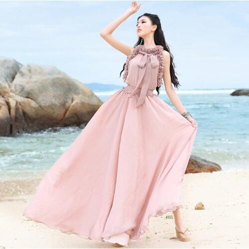 Free Shipping 2020 New Fashion Boshow Summer Chiffon Women Ruffles Elasitc Waist One-piece Long Maxi Sleeveless White Dress S-L