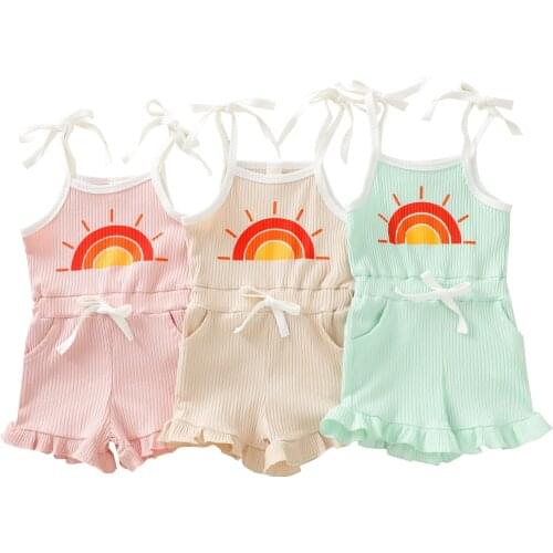 2021 Summer New Infant Girls Tie Up Ribbed Romper Baby Girl Sleeveless Sun Pattern U-shaped Neck Spaghetti Strap Ruffle Playsuit