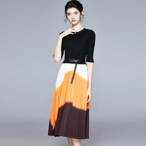 2021 Spring Summer Women Half Sleeve Office Work Party Sweater Dress Elegant Knitted Patchwork Gradient Pleated Dress With Belt