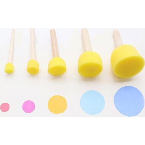 5pcs/set Yellow Round Sponge Paint Brush Stamp Early Learning Kids DIY Graffiti Toy Wooden Handle Drawing Brush Painting Supply