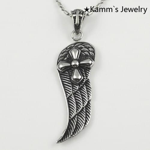 AMUMIU Cross Wings 316L Stainless Steel Mens Pendants Necklace Chain Pendant Jewelry KP1050