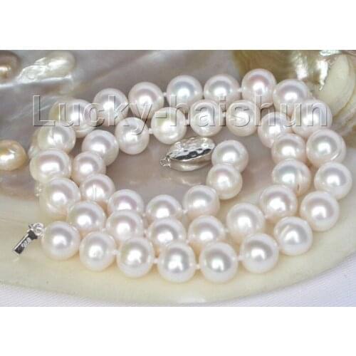 FREE shipping Natural luster 9~10mm white pearls necklace 925 silver clasp