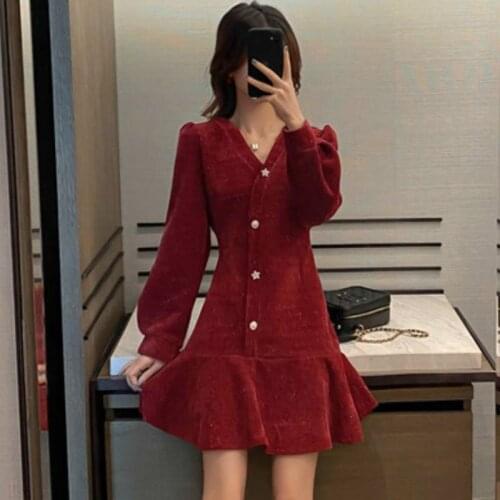 One-Piece New Korean Temperament High Waist V-Neck Fishtail Skirt With Hepburn Style Red Dress TOP