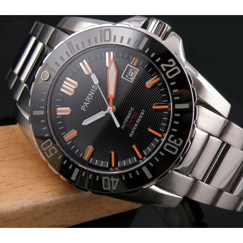 Parnis 44mm Automatic Mens Watches Diver Watch Waterproof 200m Metal Mechanical Sapphire Glass Top Luxury Brand Wristwatch Men