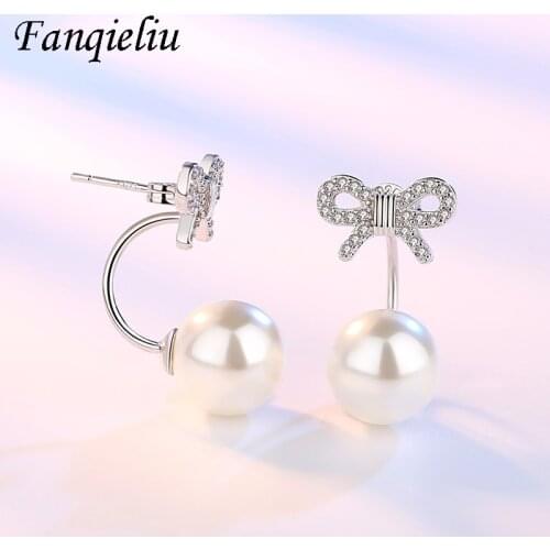 Fanqieliu Real 925 Sterling Silver Pearl Nail Jewelry Luxury Crystal Cute Bow Stud Earrings For Women FQL21061