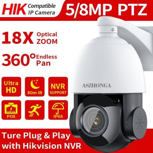 PTZ POE IP Camera 5MP 8MP 18X ZOOM Waterproof Outdoor Speed Dome IR 80M H.265 CCTV Security Cam Alert Compatible Hikvision NVR