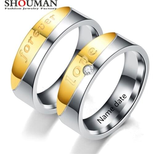 SHOUMAN Personalize Engrave Name Date Forever Love Promise One Crystal Simple Ring Titanium Steel for Lover Couple Jewelry Gift