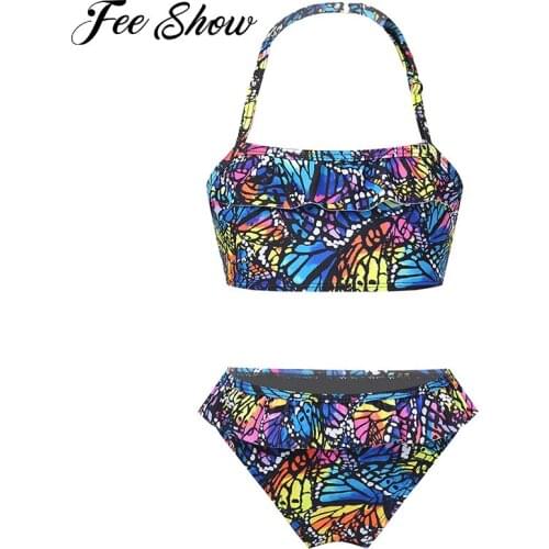 2Pcs Kids Girls Printed Bikinis Set Halter Neck Sleeveless Cropped Top Ruffled Swimming Briefs Set Beach Swimwear Bathing Suits