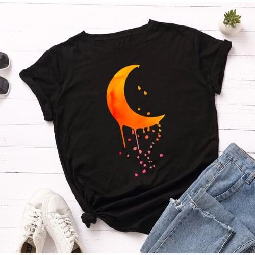 Summer Plus Size Women T Shirt Cotton Lovely Moon Print Short Sleeve Lady Tees Tops Casual Loose O-Neck Female TShirt