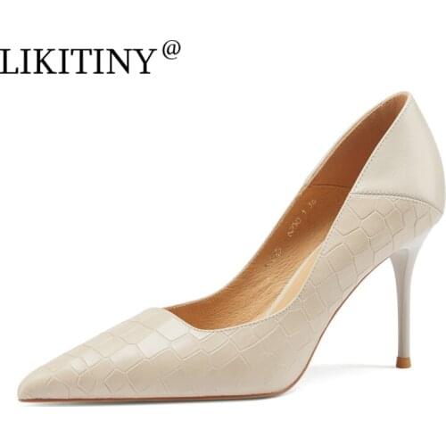 LIKITINY 2021 Spring autumn stilettos heels Genuine leather Pumps sexy High heels Office lady Pointed toe Wedding shoes size 33