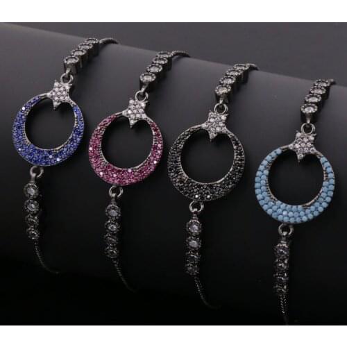 Fashion jewelry copper plant mosaic full stone hollow moon and star black color adjust size bracelet party Europe and America