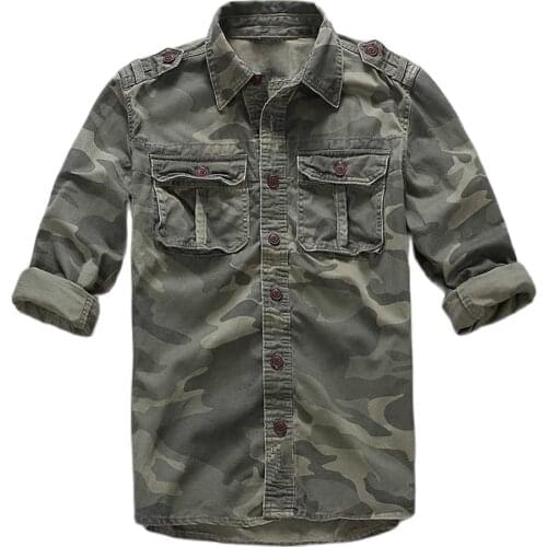 Camouflage Cotton Shirts Men Casual Shirts Cargo Shirts Military Army Style Long Sleeve Trendy Pockets Tactical Shirts Clothing
