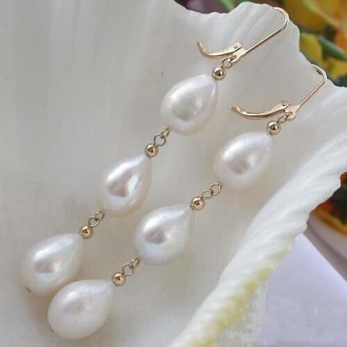 New Arrival Favorite Pearl Dangle Earrings 11mm White Rice Freshwater Cultured Pearl Earrings 14k Gold Fine Jewelry For Lady