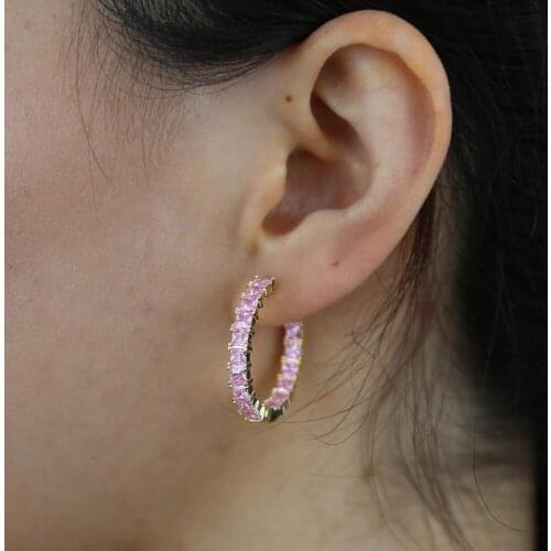 New Fashiony gold plated square pink Cubic Zirconia cz paved charm Huggie hoop earrings women Classic geometry jewelry wholesale