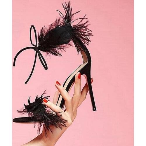 New Arrivals Black White Feather Sandals For Women Lace-up Front Cut-out Gladiator Sandals Shoes High Heel Banquet Shoes