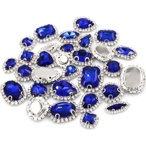 Royal blue mix shape crystal buttons sew on glass rhinestones with cup chain rim diy clothing/wedding dress