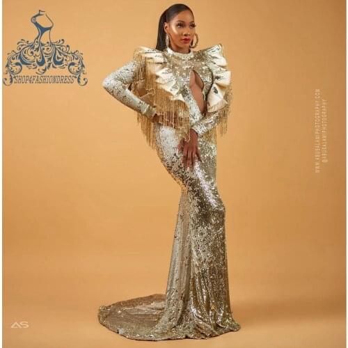 Luxury Gold Sequin Mermaid Evening Dress High Neck Ruffles Tassel Evening Gowns Elegant Long Sleeves Pageant Dreses 2021