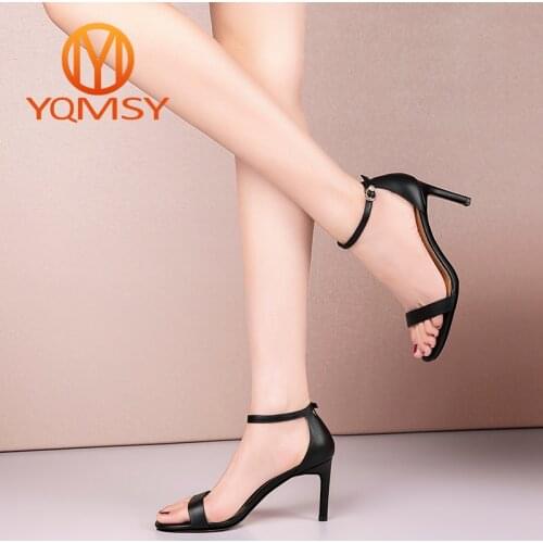 YQMSY Sexy Womens Sandals Concise Genuine Leather One Word With Thin Heels Buckle Strap Sandals New Elegant Party Shoes AS152