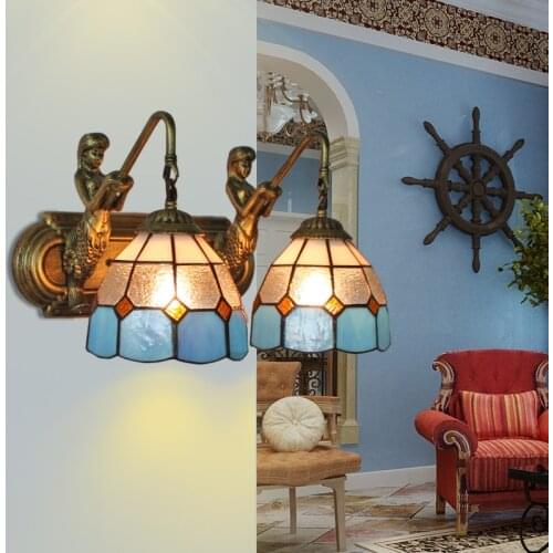 Mediterranean Tiffany Double Mermaid Glass Sconce Wall Lamps Wall Light Light E27 Bedside Wall Fixtures Home Decoration Lighting