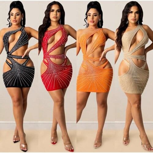 Rhinestone Cut Out One Shoulder Bodycon Dress Women Summer Mini Sexy Sparkly Sheer Mesh Dress For Women Club Party Dress S-XXL