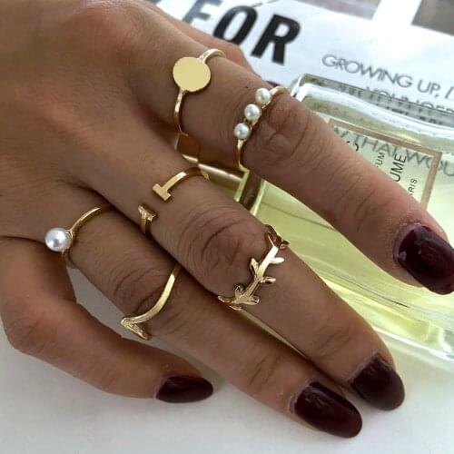 Boho Gold Silver Color Pearl Rings Set For Women Fashion Geometric Twist Hollow Open Ring Joint Finger Rings Charm Jewelry