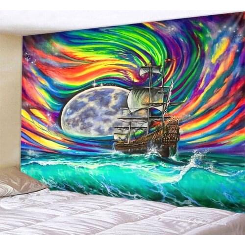 Waves Ship Art Tapestry Oil Painting Wall Hanging Bohemian Beach Rug Yoga Family Bedroom Art Rug Wall Psychedelic Decoration