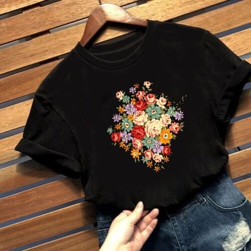 Women Fashion Clothe T-shirt Short Sleeve Summer T-shirt Casual Personality Pretty Wildflowers Print T-shirt Top Unisex