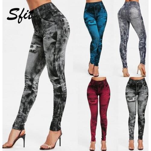 Women Gym Leggings Faux Denim Jeans Leggings Pocket Printing Leggings Casual High Waist Pencil Pants Plus size Yoga Pants