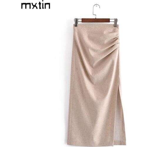 MXTIN 2021 Women Spring Fashion Solid High Waist Split Mid-Calf Pleated Basics Zipper Folds Offic Ladies Skirts Mujer
