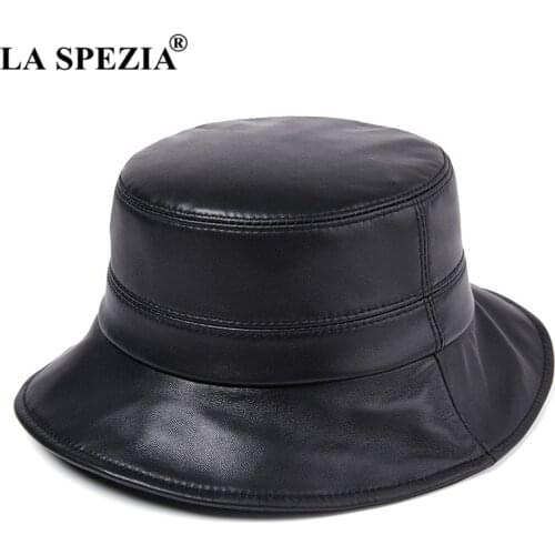 LA SPEZIA Genuine Leather Women Hats Solid Black Bucket Hats Japanese Vintage Sheepskin Ladies Autumn Winter Brand Fishing Hats