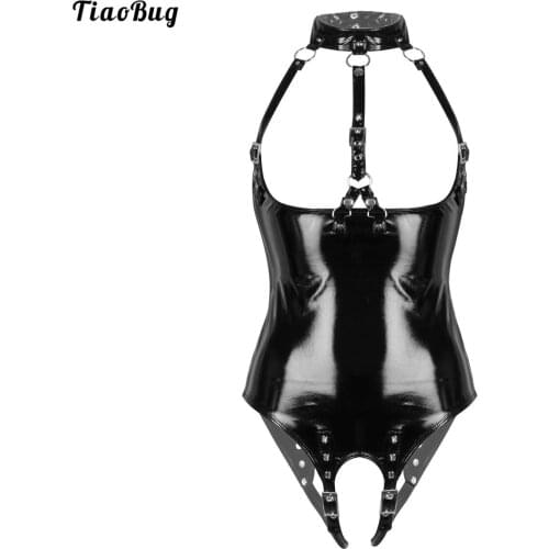 TiaoBug Womens One-Piece Wet Look Patent Leather Lingerie Halter Neck Bare Breast Crotchless Adjustable Buckle Leotard Bodysuit