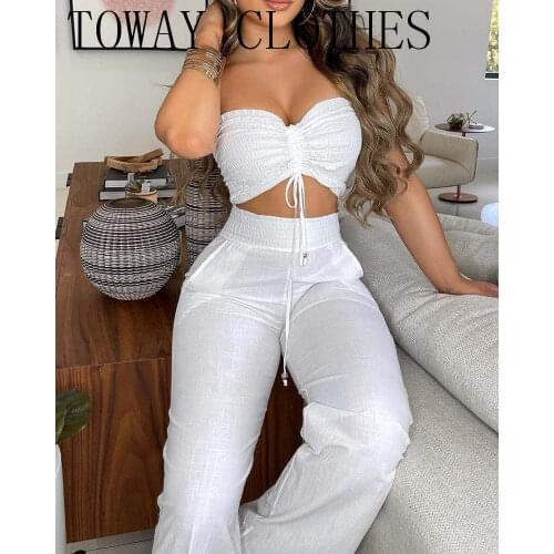 Sleeveless V neck Drawstring Bandeau Top & Shirred High Waist Pants Sets Women Casual White Two Piece Suit Sets
