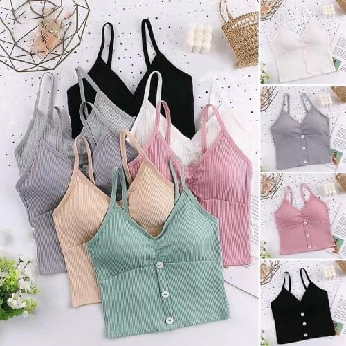 Womens Casual V Neck Ribbed Knit Front Crop Cami Top with Soft Replacement Pad Sleeveless A7