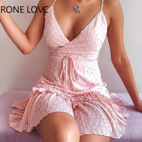 Women Sleeveless Swiss Dot Ruffles Tied Detail Wrap Dress Elegant Fashion Mini Dress Chic Dress