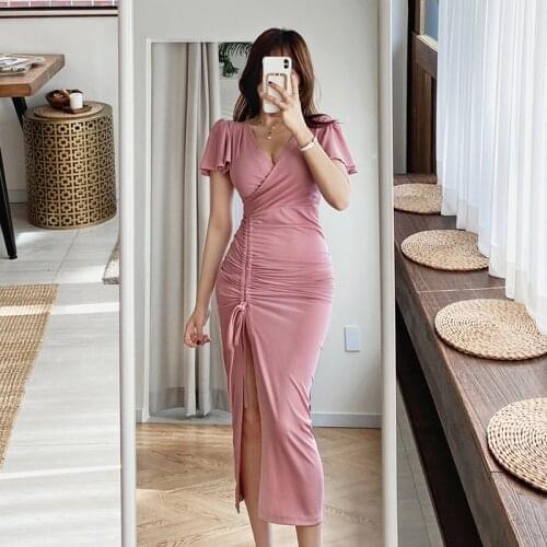 New arrival fashion bodycon dress women elegant summer sexy v-neck butterfly sleeve pink temperament sweet split party dress