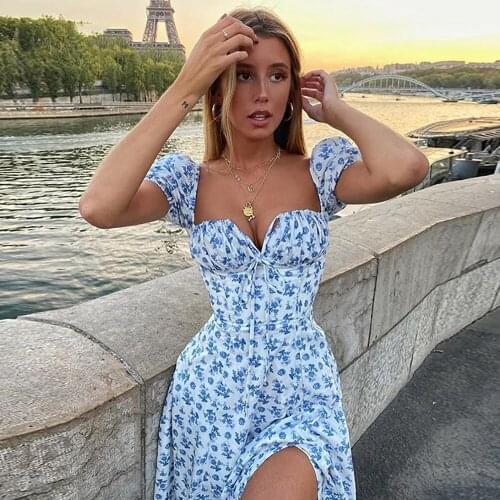 Foridol Puff Sleeve Floral Print Boho Summer Dress Women Vintage Slit Yellow French Style Long Dress Beach Holiday Sundress 2021